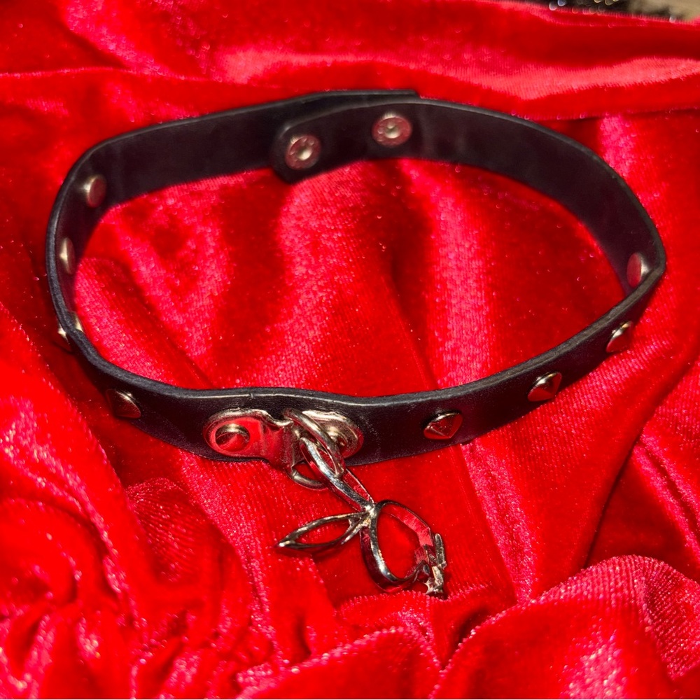Playboy Black Leather Stud Choker with Silver Bunny Charm